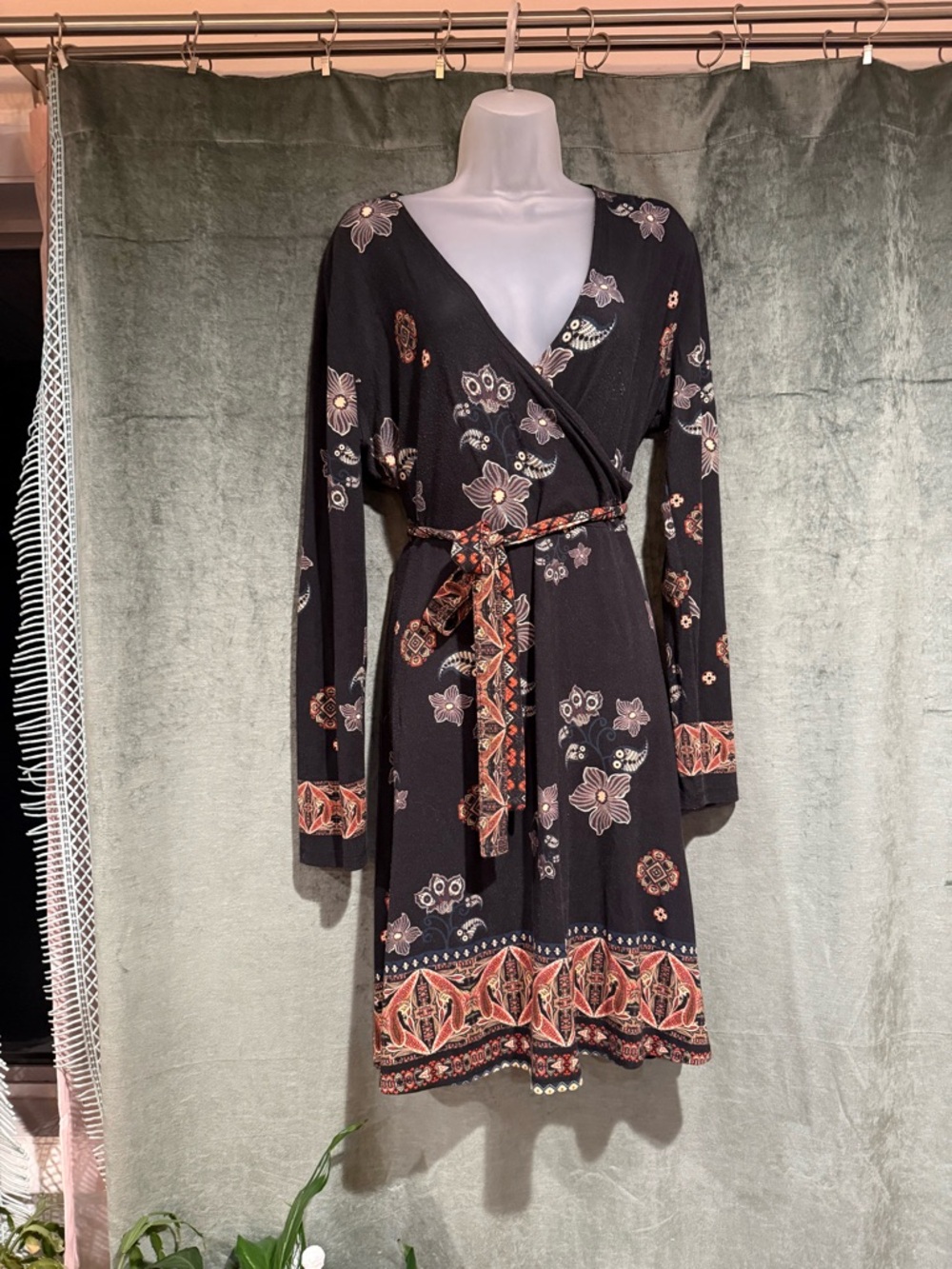 Desigual Black Floral Wrap Dress with Rust and Cream Border